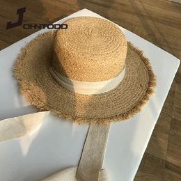 Straw Hat Women Wide Brim Sun Protection Beach Hat Black and White Ribbon Bowknot Straw Cap Casual Ladies Flat Top Panama Hat 240221