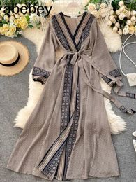 New Fashion Womens Chiffon Dress Womens Printed Lace Top Strap Long Sleeve Waistband Slim Fit Style Swinging Long A-line Dress 240229