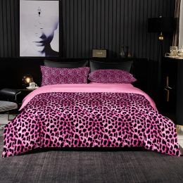 sets Pink Leopard Pattern Duvet Cover 220x240,skinfriendly Soft Quilt Cover with Pillowcase,satinlike Pink Bedding Set Twin/full