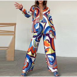 Women's Two Piece Pants Satin Set Print Women 2 Sets Loose Long Sleeve Shirts And Straight Suits 2024 Casual Elegant Autumn Y2k Work Outfits