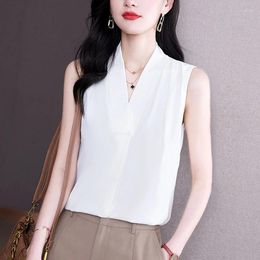 Women's Tanks #1152 Black White Blue Chiffon Tank Top Women V-neck Slim Office Female Outwear Sleeveless Tops Elegant Summer