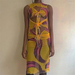 Casual Dresses Winter Elastic Club Nightclub Dress Tie Dye Printing See-through Mesh Ladies Sexy Hollow Bandage Bodycon Evening