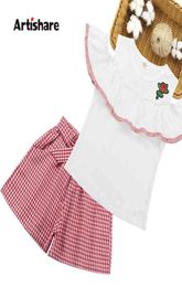 Girls Clothes Set Off Shoulder Shirt Plaid Shorts 2PCS Suit Kids Summer Wear For 6 8 10 12 13 14 Year 2108047760601