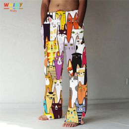 Pants Men's Cat Pattern Straight Trousers 3D Print Elastic Drawstring Design Front Pocket Pants Beach Cartoon Cute Graphic Comfort