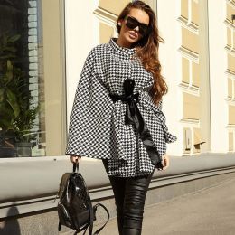 Boots Fashion Women's Standcollar Woolen Coat Winter Loose Houndstooth New Ladies Plaid Motorcycle Outwear Tie Bow Loose Cape Tops