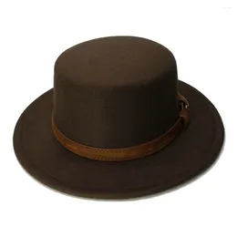 Berets LUCKYLIANJI Retro Kid Vintage Wool Wide Brim Cap Pork Pie Porkpie Bowler Hat Coffee Leather Band(54cm/Adjusted)