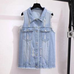 outwear 150Kg Plus Size Women's Spring Autumn Loose Denim Vest Bust 152cm 5XL 6XL 7XL 8XL 9XL Sleeveless Lapel Fringed Hole Vest Coat