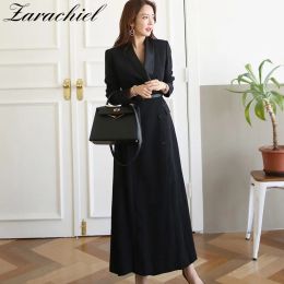 Notebooks Korean Temperament Office Black Blazer Trench Coat Women Notched Collar Doublebreasted Slim Wrap Highend Belt Maxi Windbreaker