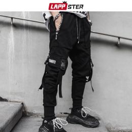 Pants LAPPSTER Ribbon Streetwear Cargo Pants 2023 Men Hip Hop Joggers Pants Black Sweat Pants Casual Trousers Overalls Men Track Pants