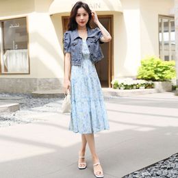 Suspender Summer with Denim Jacket Chiffon Floral Print Dress Two-piece Set Womens Mid Length Style Stylish and Stylish99SL