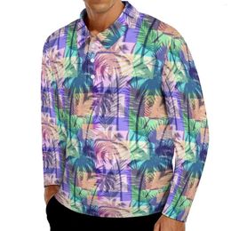 Men's Polos Tropical Palm Trees Polo Shirts Daily Abstract Art Casual Shirt Long Sleeve Turn-Down Collar Trendy Design Oversize T-Shirts