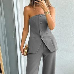 Women's Two Piece Pants Tube Top Trousers Set Backless Suit Elegant Bandeau High Waist Wide Leg For Women Single Breasted Off Office