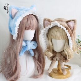 Costumes 2023 NEW Three Flowered Cat Ears Sweet Cute Lace Autumn Winter Plush Hat Lolita Tabby Cat Ear Cap Thermal Cap Cold proof cap