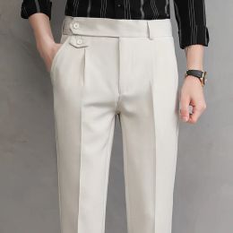Pants Pleated Thin Mens Suit Pants Black White Slim White Dress Pants Men Trousers Office Business Korea Style Clothing 2022 Summer