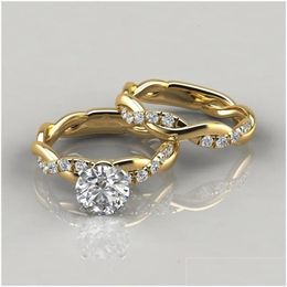 Wedding Rings Delicate Twist Round Cut White Zircon Ring Fashion Gold Color Engagement Set Jewelry For Women 231130 Drop Delivery Dh6Mc