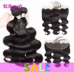 Indian Virgin Hair Body Wave 34 Bundles With Frontal 10A raw virgin indian hair Ear To Ear Lace Frontal Closure With Bundles8290034551937