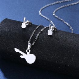 Necklace Earrings Set Stainless Steel Silver Colour Guitar Pendant Chain Stud Earring For Women Fashion Jewellery Wholesale