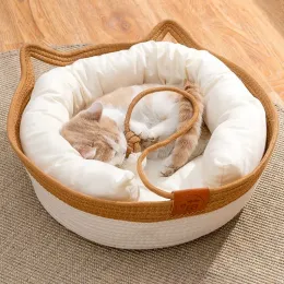 Mats Pet Cat Mat Dog Bed Sofa Handmade Weaving Four Season Cosy Nest Baskets Waterproof Removable Cushion Sleeping House