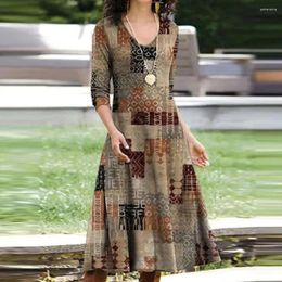 Casual Dresses Print Midi Dress Elegant Vintage Floral With V-neck 3/4 Sleeves For Autumn Parties Women 2024
