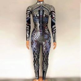 Stage Wear Silver Sequins Mirror Black Spandex Jumpsuit Women Prom Dancer Singer Costume Evening Birthday Show Leggings Outfit