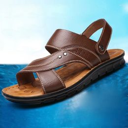 Sandals Men Summer Trend PU Leather Beach Casual Shoes Fashion Slippers Stripe Rubber Male Breathable Footwear
