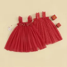 Girl Dresses 1-4years Tutu Tulle Slip Dress Casual Bow Decor Sleeveless Ruched A Line For Girls Solid Red Sequin Princess