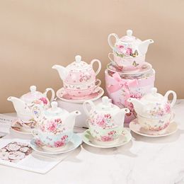 Porcelain Teapot Teacup Saucer Set Chinese Flower Design Coffee Tea Pot Cup for One Set 240227