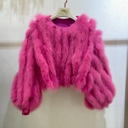 Fur Women Winter Real Fox Fur Short Knitted Sweater Coat Real Fur Trim Oversize Autumn Spring Short Sweater Pullover Coat