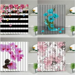 Curtains Pink Flower Butterfly Printed Shower Curtain Set Spring Floral Plant Bathroom Curtains Waterproof Fabric Bath Screen With Hooks