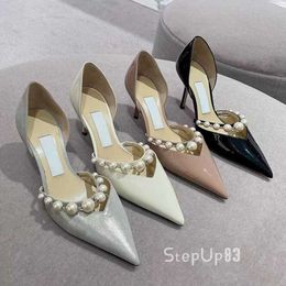 High Heeled Shoes Pointed Patent Leather Shallow Mouth Hollow Pearl Straight Line Thin Heel Toe Wrap French Style Single Women