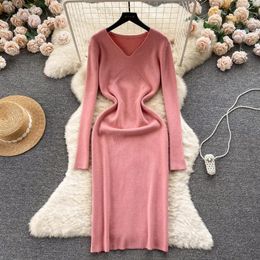 Casual Dresses Long Sleeve Women 2024 V Neck Solid Ribbed Knitted Midi Dress Autumn Winter Night Club Party Sexy Bodycon