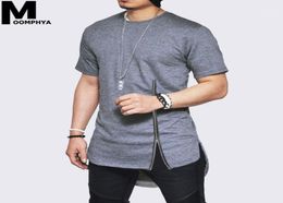 Moomphya 2020 New Zipper short sleeve men t shirt Streetwear side slit tshirt for men Longline curve hem hip hop funny tshirt18349199