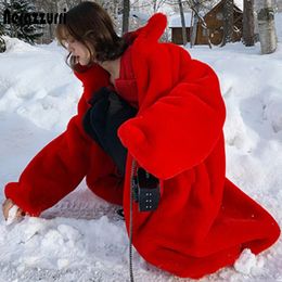 Nerazzurri Oversized Red Thick Warm Soft Fluffy Faux Fur Coat Women Raglan Seeve Stylish Thick Long Fur Coats for Winter 240228