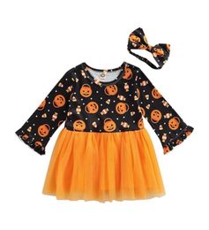 Girl039s Dresses 2Pcs Girls Halloween Costume Pumpkin Print Patchwork Long Sleeve Tulle Dress Bowknot Headband For Kids Childre7105715