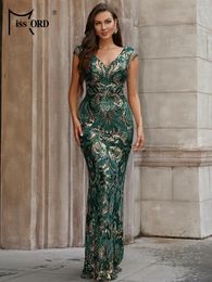 Casual Dresses Missord Luxury Green Evening Women Elegant Glittery Sequin V-neck Tassels Bodycon Party Prom Dress Sleeveless Long Gown