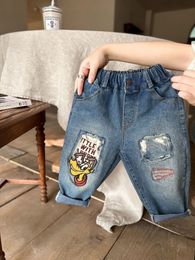 Kids cartoon embroidery patch jeans boys girls elastic waist loose denim pants 2024 spring children cartoon casual cowboy trousers Z6893