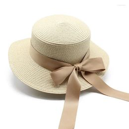 Berets Fashion Wide Eaves Long Ribbon Bowknot Straw Flat Hats Natural Wheat Caps Big Brim Classical Travel Fedoras Beach Cap