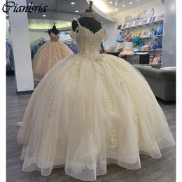 Champagne Ruffles Appliques Lace Ball Gown Quinceanera Dresses Spaghetti Strap Beading Crystal Corset Vestidos De 15 Anos