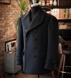 Men's Suits Woolen Coat Winter Solid Black Double-Breasted V-Sleeve Long Jacket Casual Fashion Handsome Overcoat