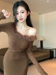 Casual Dresses Girl Long-sleeved One-shoulder Knitted Sweater Dress Women's Autumn Winter High-end Splicing Plush Edge Temperament