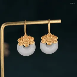 Stud Earrings Versatile Classic Design Gold Colour Lotus Dangle For Women Imitation Jade Engagement Wedding Jewellery Statement