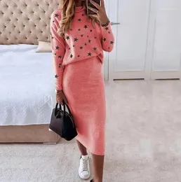 Work Dresses Fashion Star Print High Neck Women's Skirt Set Casual Long Sleeved Top & Waist Autumn Two Piece Women Outfit