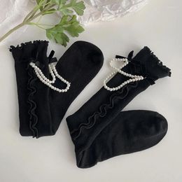 Women Socks Girls Gothic Sweet Frilly Ruffled Calf Japanese Harajuku Bowknot Pearl Chain Ribbed Stockings