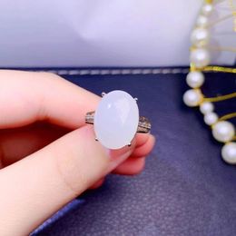 Cluster Rings Fine Jewelry 925 Sterling Silver Inset With Natural Gem Women's Luxury Classic Oval Hetian White Jade Adjustable Ring Support