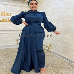 Charming Navy Blue Abaya Evening Dress With Train Elegant Long Sleeve Muslim Prom Dresses Turkey Arabic Kaftan Formal Birthday robe de soiree 2024 vestido gala