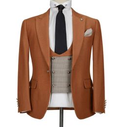 Suits 3 Piece Cheque Men Suits Slim fit Brown Wedding Tuxedo for Groomsmen Custom Male Fashion Clothes Jacket Plaid Vest with Pants