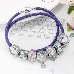 Purple Luxury Style Bracelet Double Loop Leather Rope Bracelet Female Enamel Daisy Beaded Pendant Bracelet Boutique Diy Jewellery Wholesale