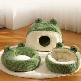 Mats Pet Cat Dog Nest Plush Round Cartoon Frog Mat Winter Warm Deep Sleep Comfort Soft Breathable Cat Dog House Pet Supplies