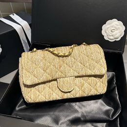 24Ss Womens Designer Classic Single Flap Raffia Weave Beige Bags Gold Metal Hardware Matelasse Chain Crossbody Shoulder Handbags Outdoor Sacoche Straw Purse 25CM