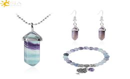 CSJA Healing Point Fluorite Necklace Bracelet Statement Jewellery Set Amethyst Earring Natural Gemstone Quartz Hexagonal Bullet Jewe5613654